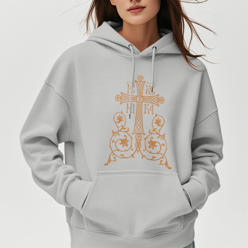 Christianartworkshop Classic Style Sacred Cross Emblem Floral Vines Fleece Lined Polyester Hoodie