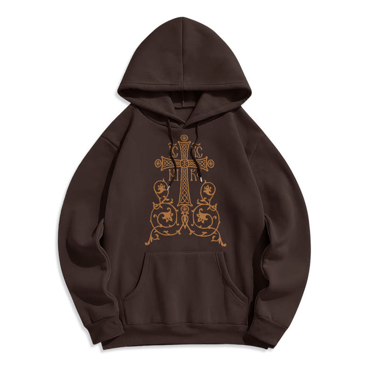 Christianartworkshop Classic Style Sacred Cross Emblem Floral Vines Fleece Lined Polyester Hoodie