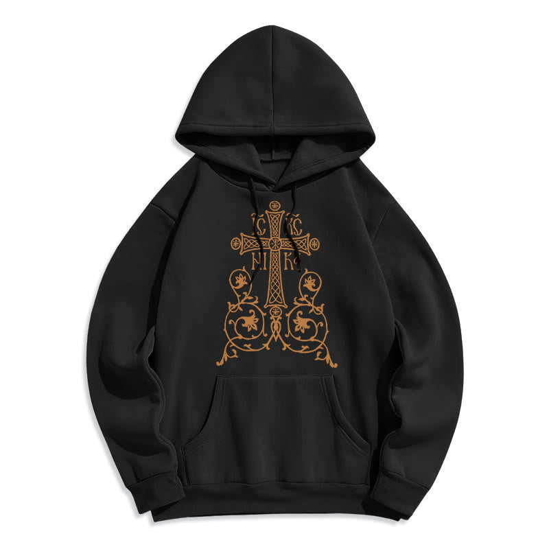 Christianartworkshop Classic Style Sacred Cross Emblem Floral Vines Fleece Lined Polyester Hoodie - Black - 2XL - image 0