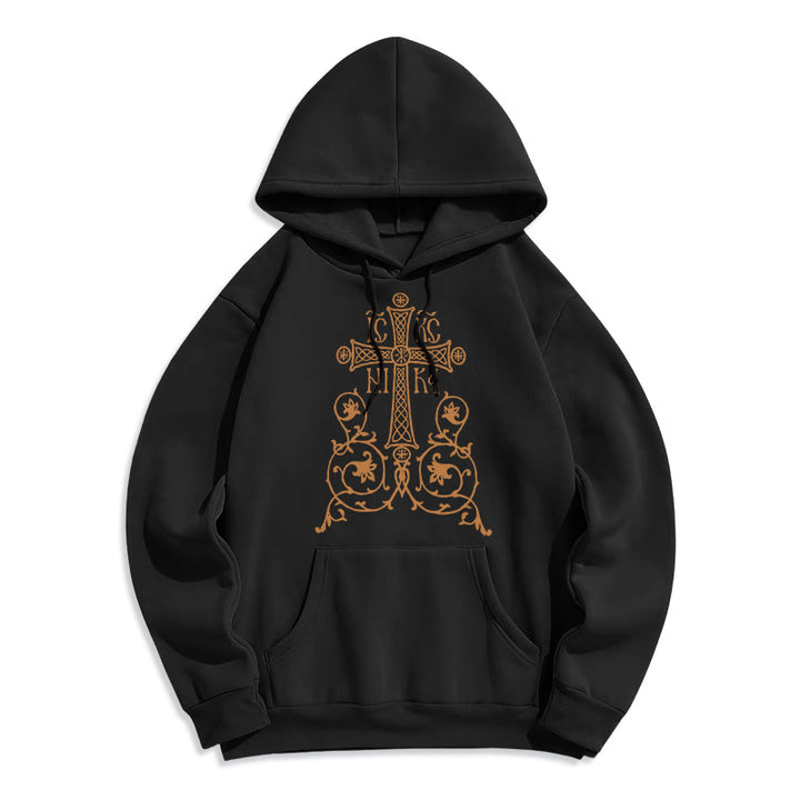 Christianartworkshop Classic Style Sacred Cross Emblem Floral Vines Fleece Lined Polyester Hoodie