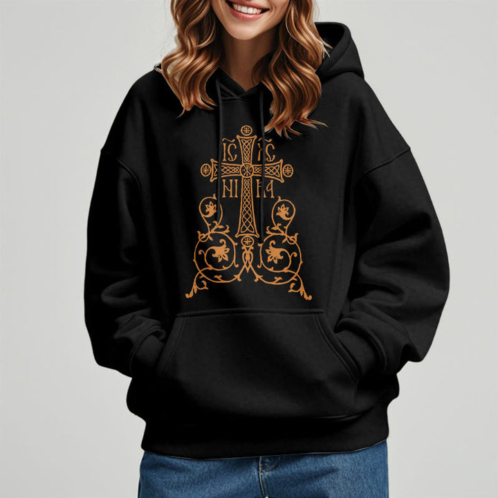 Christianartworkshop Classic Style Sacred Cross Emblem Floral Vines Fleece Lined Polyester Hoodie