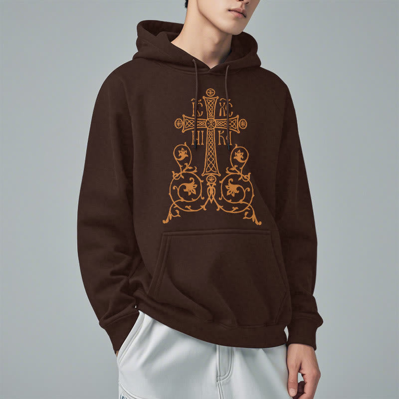 Christianartworkshop Classic Style Sacred Cross Emblem Floral Vines Fleece Lined Polyester Hoodie