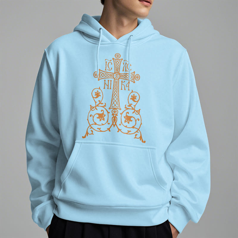 Christianartworkshop Classic Style Sacred Cross Emblem Floral Vines Fleece Lined Polyester Hoodie