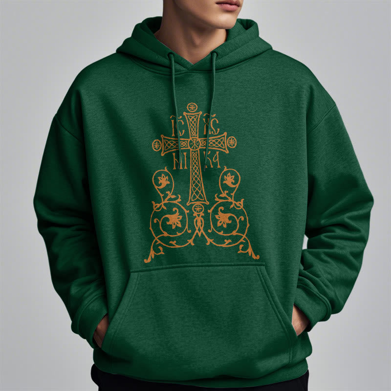 Christianartworkshop Classic Style Sacred Cross Emblem Floral Vines Fleece Lined Polyester Hoodie