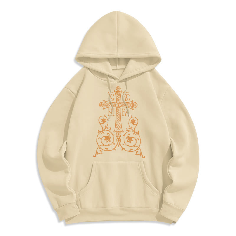 Christianartworkshop Classic Style Sacred Cross Emblem Floral Vines Fleece Lined Polyester Hoodie