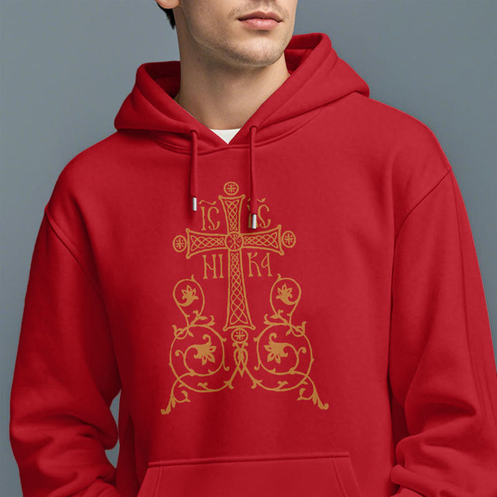 Christianartworkshop Classic Style Sacred Cross Emblem Floral Vines Fleece Lined Polyester Hoodie