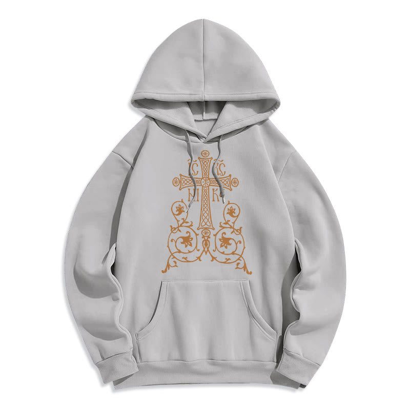 Christianartworkshop Classic Style Sacred Cross Emblem Floral Vines Fleece Lined Polyester Hoodie