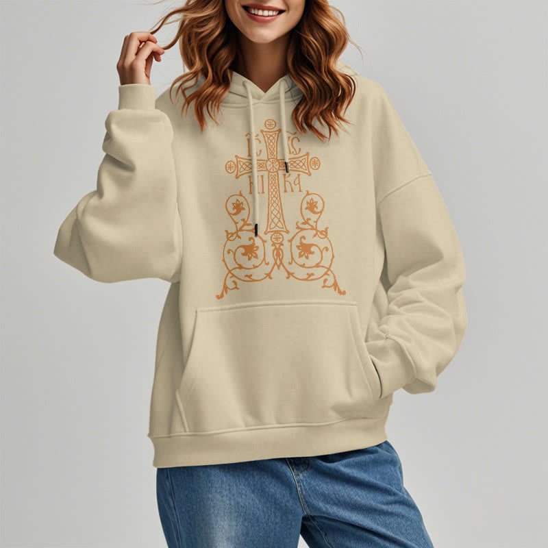 Christianartworkshop Classic Style Sacred Cross Emblem Floral Vines Fleece Lined Polyester Hoodie