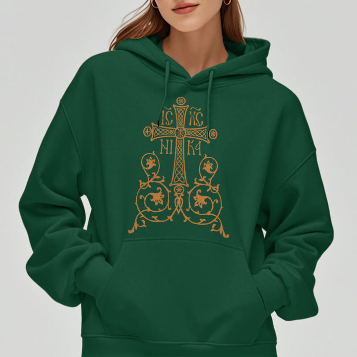 Christianartworkshop Classic Style Sacred Cross Emblem Floral Vines Fleece Lined Polyester Hoodie