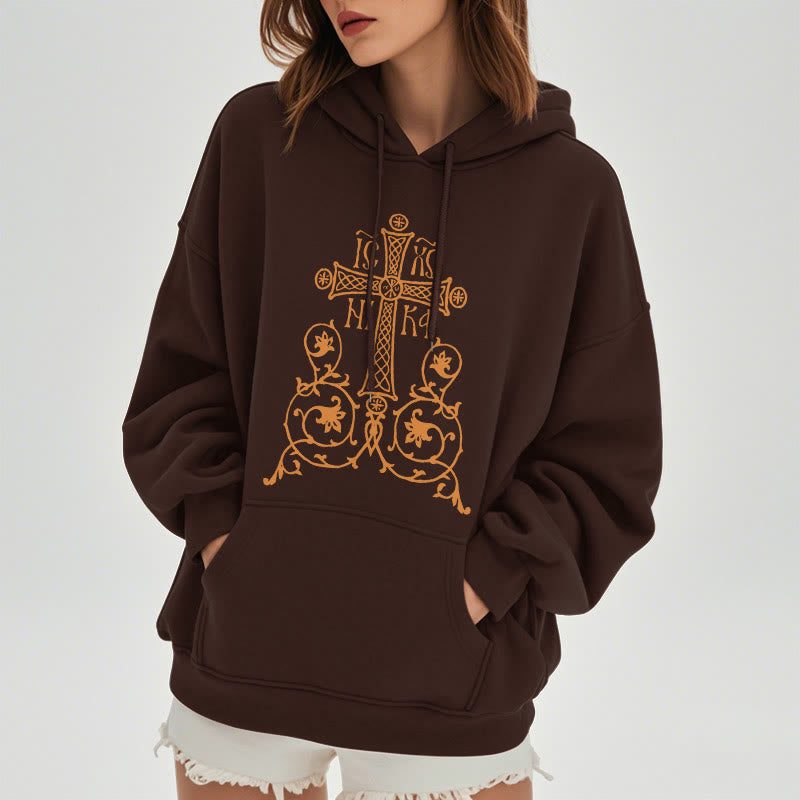 Christianartworkshop Classic Style Sacred Cross Emblem Floral Vines Fleece Lined Polyester Hoodie