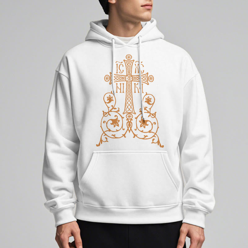 Christianartworkshop Classic Style Sacred Cross Emblem Floral Vines Fleece Lined Polyester Hoodie