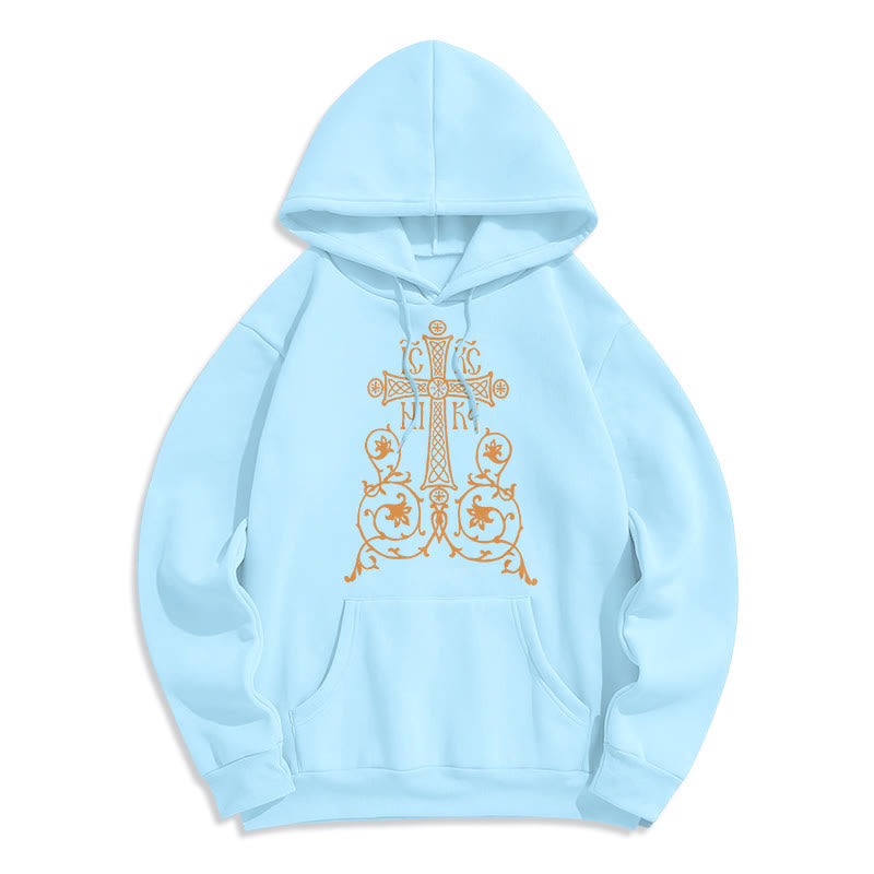 Christianartworkshop Classic Style Sacred Cross Emblem Floral Vines Fleece Lined Polyester Hoodie