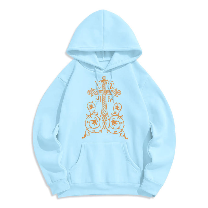 Christianartworkshop Classic Style Sacred Cross Emblem Floral Vines Fleece Lined Polyester Hoodie