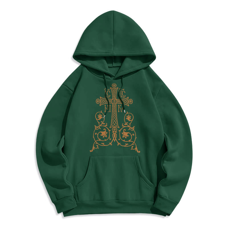 Christianartworkshop Classic Style Sacred Cross Emblem Floral Vines Fleece Lined Polyester Hoodie