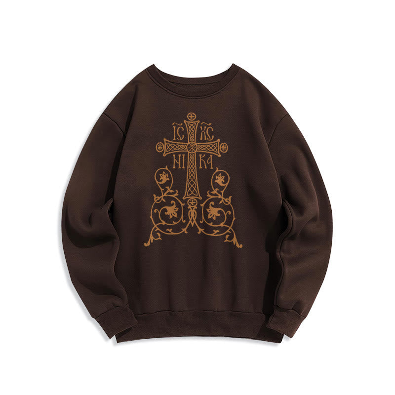 Christianartworkshop Classic Style Sacred Cross Emblem Floral Vines Fleece Lined Polyester Sweatshirt