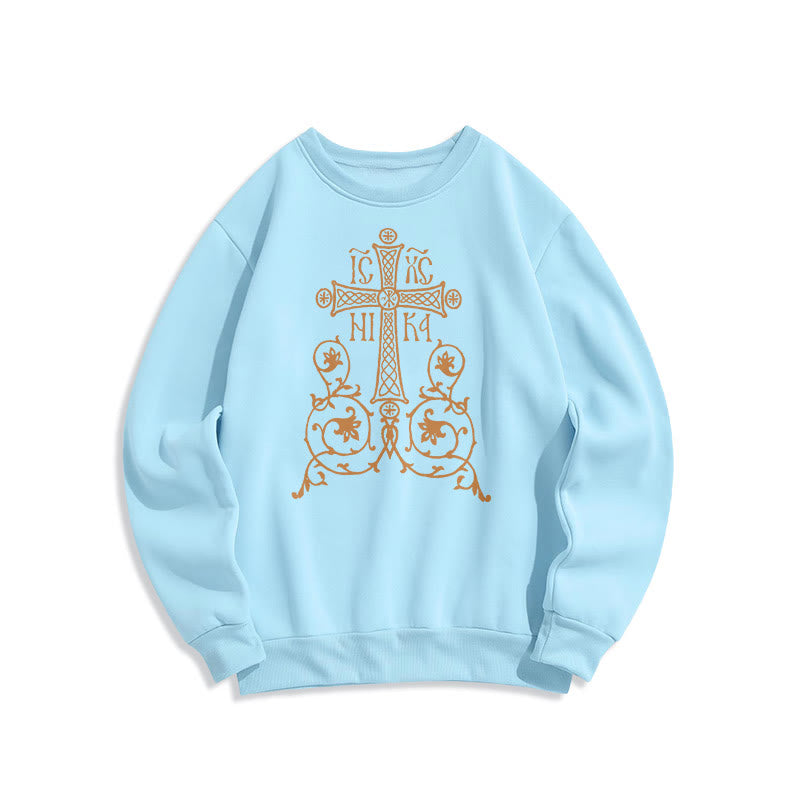 Christianartworkshop Classic Style Sacred Cross Emblem Floral Vines Fleece Lined Polyester Sweatshirt - Blue - 2XL - image 25