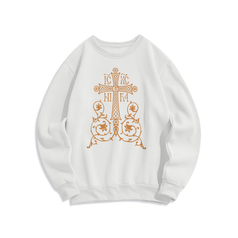 Christianartworkshop Classic Style Sacred Cross Emblem Floral Vines Fleece Lined Polyester Sweatshirt