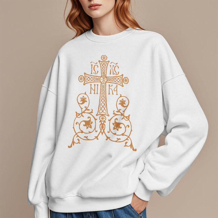 Christianartworkshop Classic Style Sacred Cross Emblem Floral Vines Fleece Lined Polyester Sweatshirt - image 7