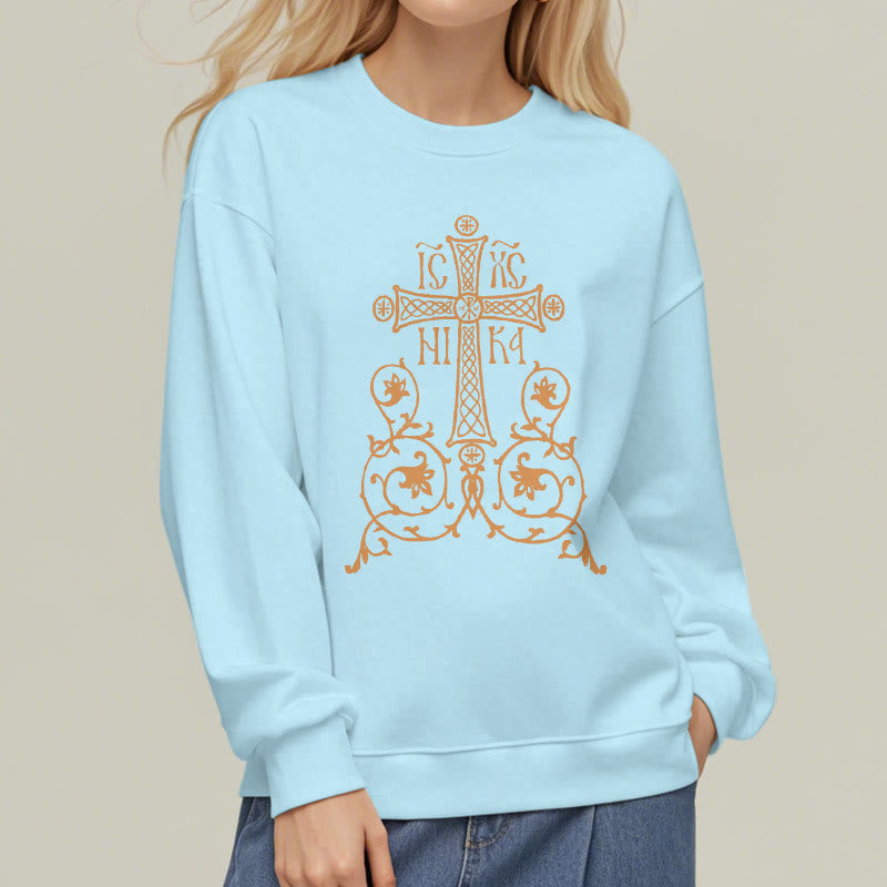 Christianartworkshop Classic Style Sacred Cross Emblem Floral Vines Fleece Lined Polyester Sweatshirt