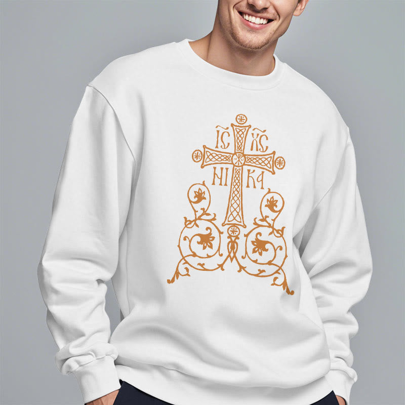 Christianartworkshop Classic Style Sacred Cross Emblem Floral Vines Fleece Lined Polyester Sweatshirt