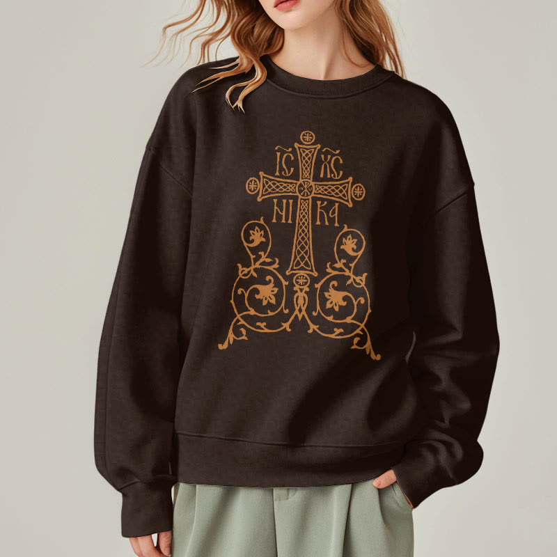 Christianartworkshop Classic Style Sacred Cross Emblem Floral Vines Fleece Lined Polyester Sweatshirt