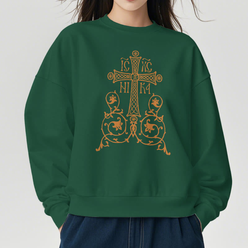 Christianartworkshop Classic Style Sacred Cross Emblem Floral Vines Fleece Lined Polyester Sweatshirt