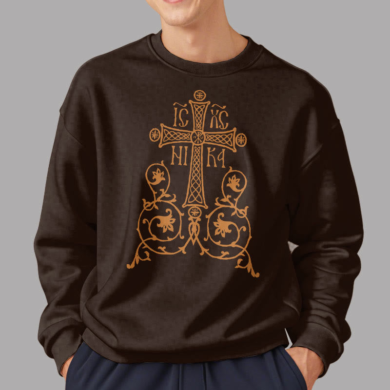 Christianartworkshop Classic Style Sacred Cross Emblem Floral Vines Fleece Lined Polyester Sweatshirt