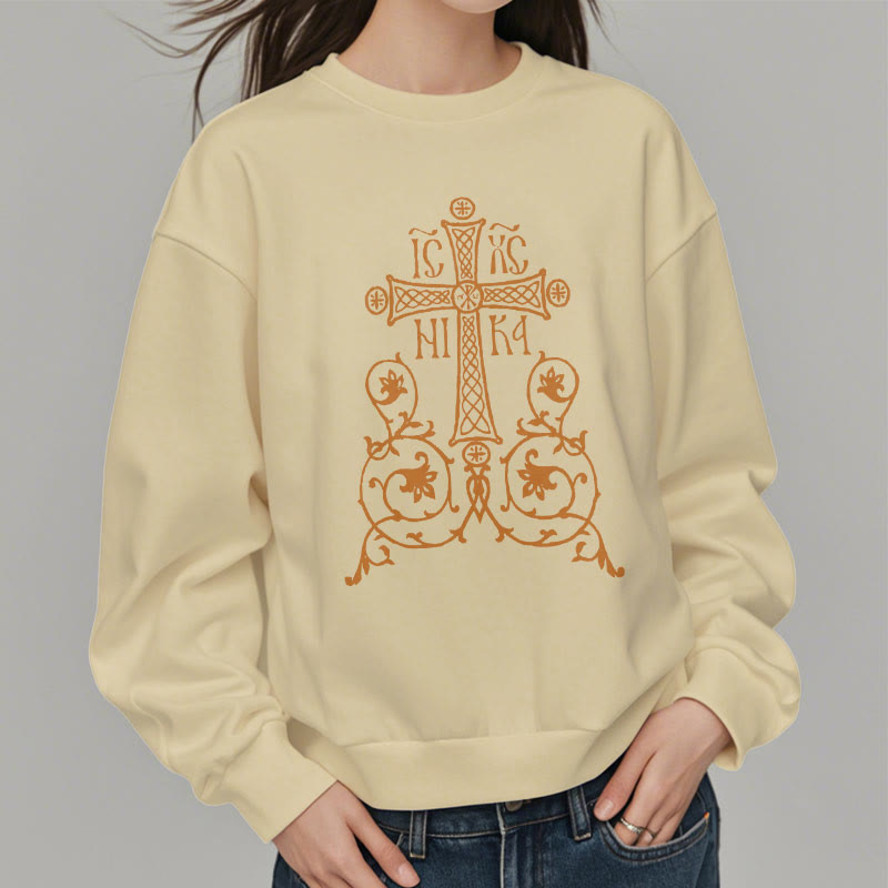 Christianartworkshop Classic Style Sacred Cross Emblem Floral Vines Fleece Lined Polyester Sweatshirt