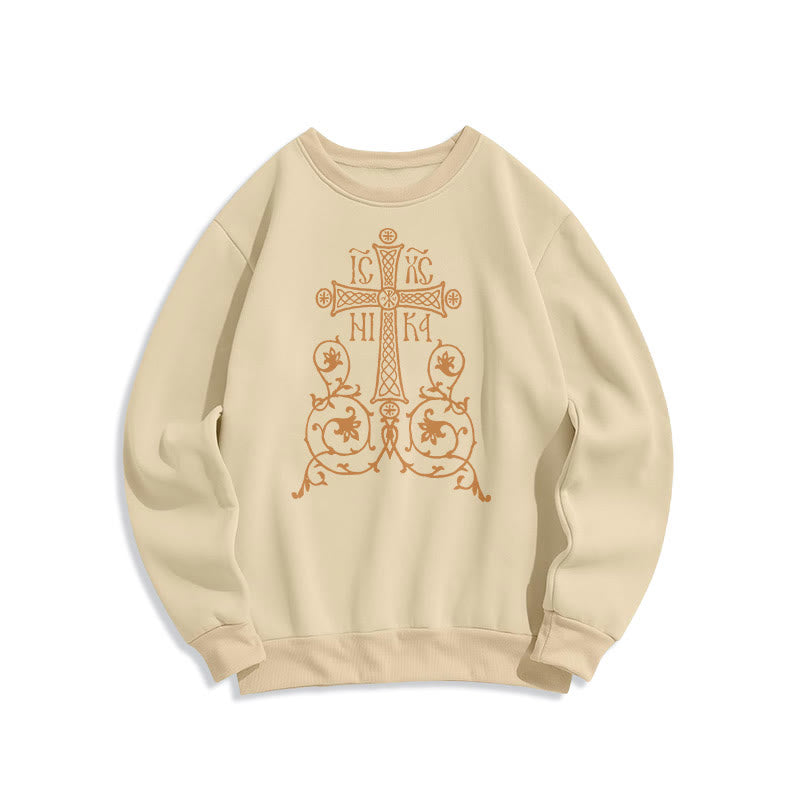 Christianartworkshop Classic Style Sacred Cross Emblem Floral Vines Fleece Lined Polyester Sweatshirt