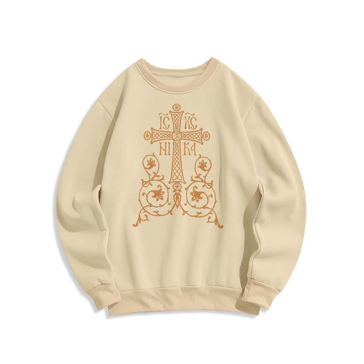 Christianartworkshop Classic Style Sacred Cross Emblem Floral Vines Fleece Lined Polyester Sweatshirt