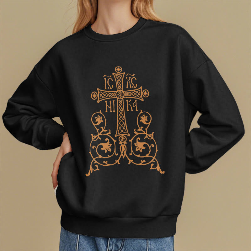 Christianartworkshop Classic Style Sacred Cross Emblem Floral Vines Fleece Lined Polyester Sweatshirt