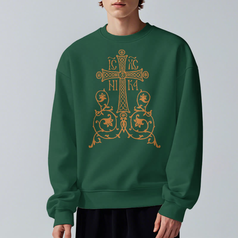 Christianartworkshop Classic Style Sacred Cross Emblem Floral Vines Fleece Lined Polyester Sweatshirt