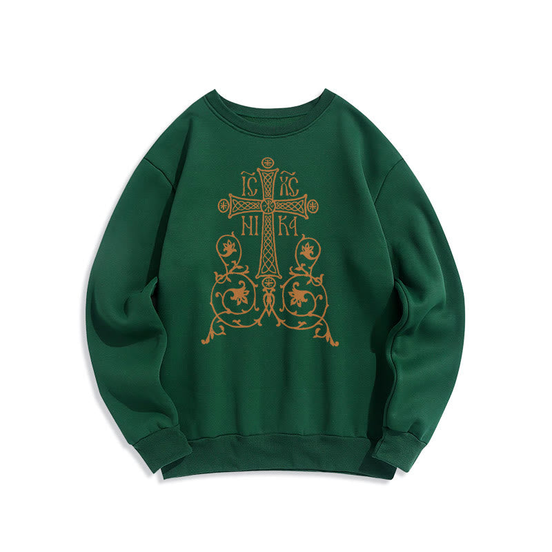 Christianartworkshop Classic Style Sacred Cross Emblem Floral Vines Fleece Lined Polyester Sweatshirt