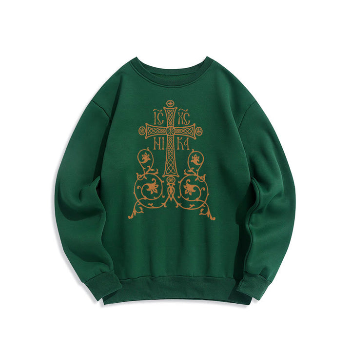 Christianartworkshop Classic Style Sacred Cross Emblem Floral Vines Fleece Lined Polyester Sweatshirt