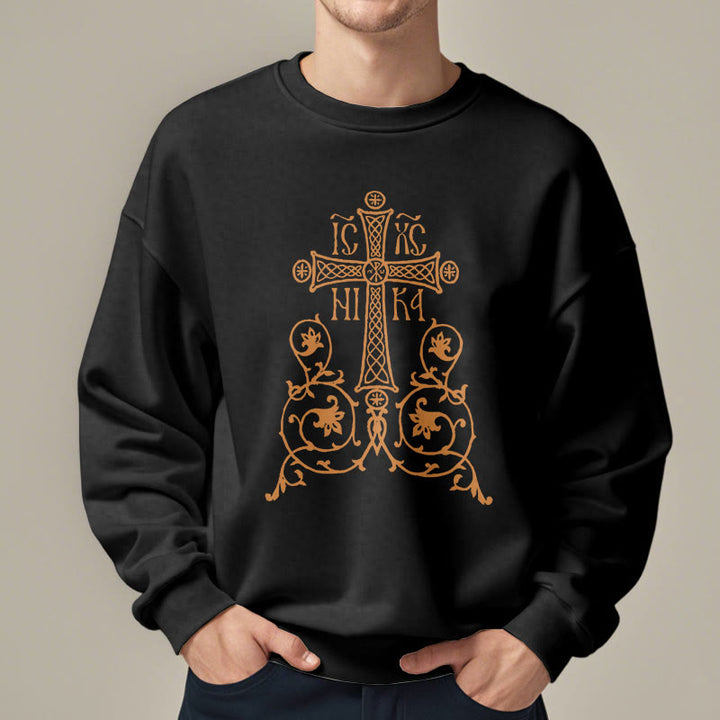 Christianartworkshop Classic Style Sacred Cross Emblem Floral Vines Fleece Lined Polyester Sweatshirt