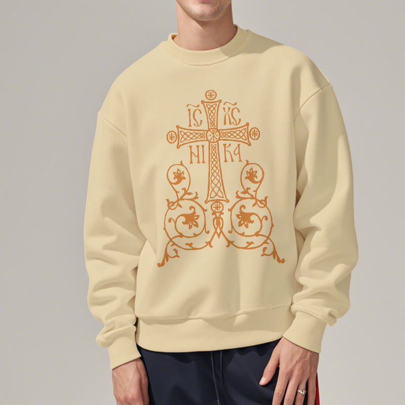 Christianartworkshop Classic Style Sacred Cross Emblem Floral Vines Fleece Lined Polyester Sweatshirt