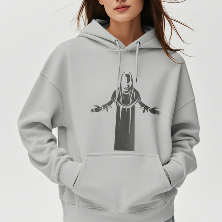 Christianartworkshop Classic Style Saint Figure Hands Open Praying Fleece Lined Polyester Hoodie