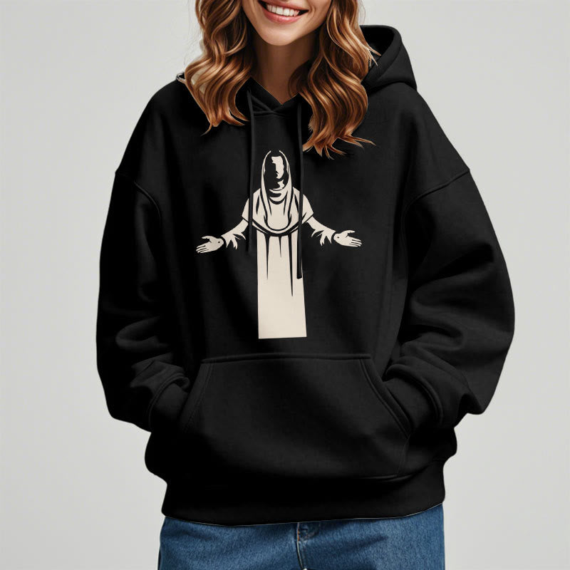 Christianartworkshop Classic Style Saint Figure Hands Open Praying Fleece Lined Polyester Hoodie