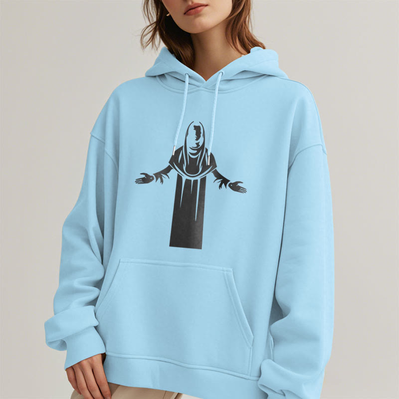 Christianartworkshop Classic Style Saint Figure Hands Open Praying Fleece Lined Polyester Hoodie