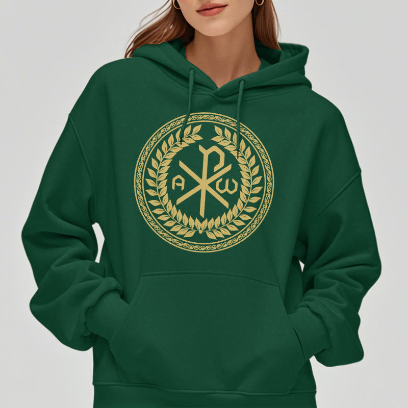 Christianartworkshop Classic Style Sacred Chi-rho Emblem Laurel Wreath Fleece Lined Polyester Hoodie