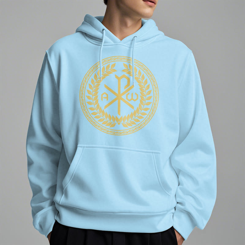 Christianartworkshop Classic Style Sacred Chi-rho Emblem Laurel Wreath Fleece Lined Polyester Hoodie