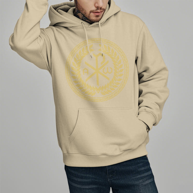 Christianartworkshop Classic Style Sacred Chi-rho Emblem Laurel Wreath Fleece Lined Polyester Hoodie