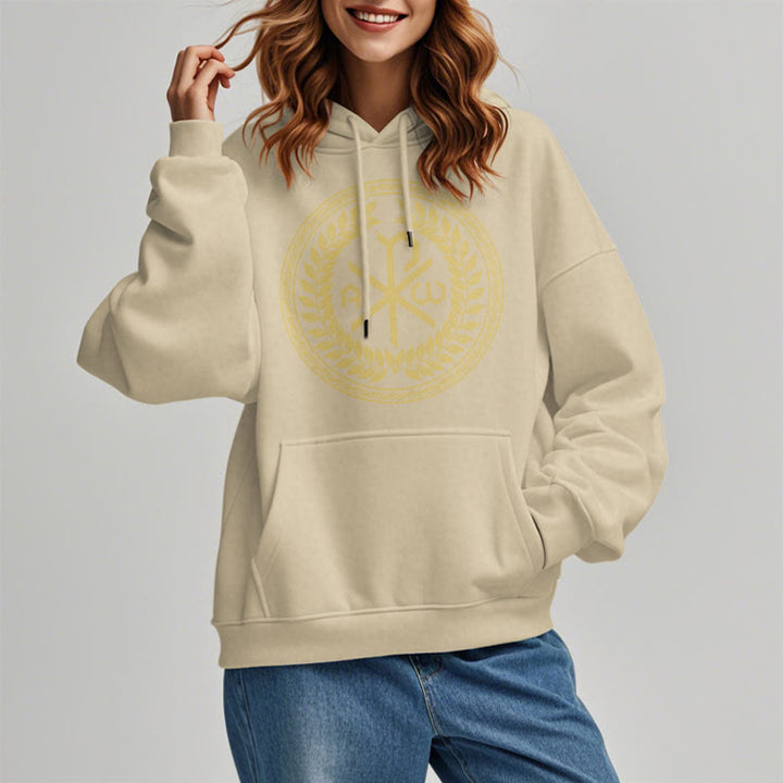 Christianartworkshop Classic Style Sacred Chi-rho Emblem Laurel Wreath Fleece Lined Polyester Hoodie