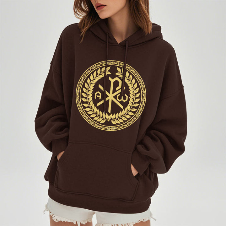 Christianartworkshop Classic Style Sacred Chi-rho Emblem Laurel Wreath Fleece Lined Polyester Hoodie