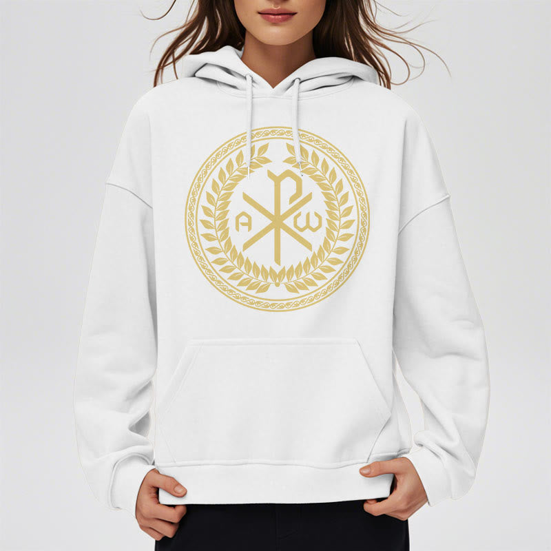 Christianartworkshop Classic Style Sacred Chi-rho Emblem Laurel Wreath Fleece Lined Polyester Hoodie