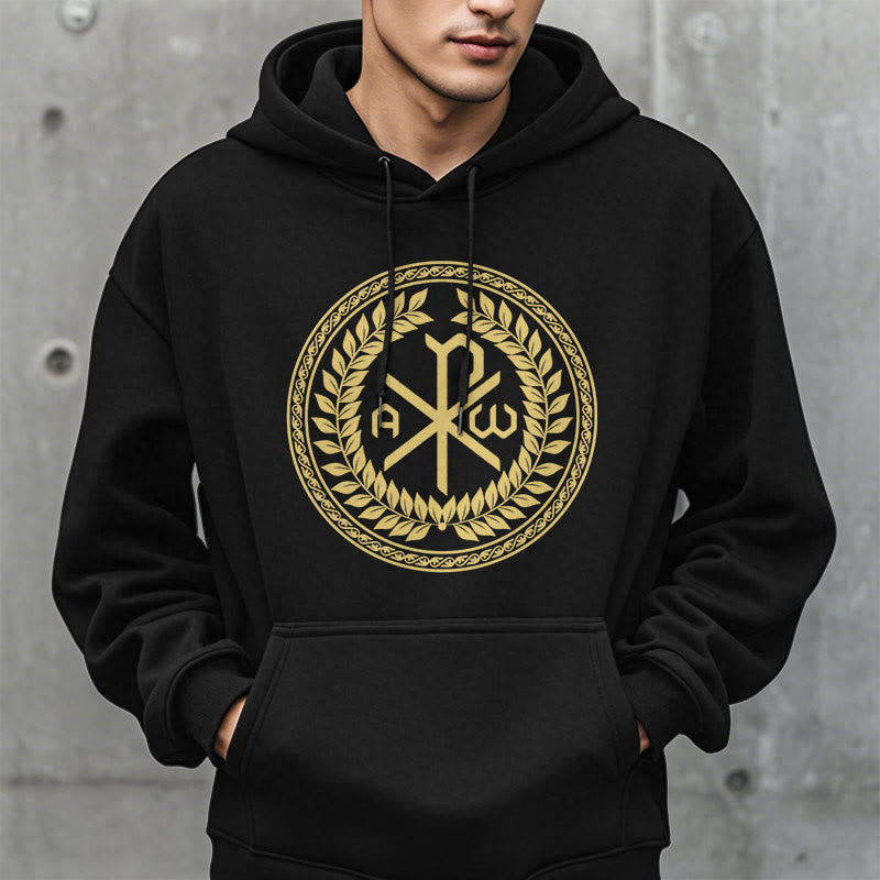 Christianartworkshop Classic Style Sacred Chi-rho Emblem Laurel Wreath Fleece Lined Polyester Hoodie