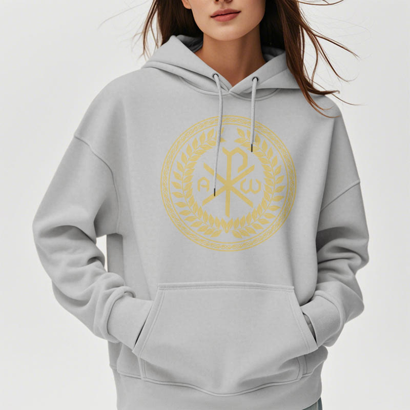 Christianartworkshop Classic Style Sacred Chi-rho Emblem Laurel Wreath Fleece Lined Polyester Hoodie