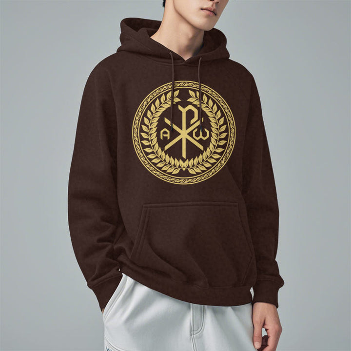 Christianartworkshop Classic Style Sacred Chi-rho Emblem Laurel Wreath Fleece Lined Polyester Hoodie