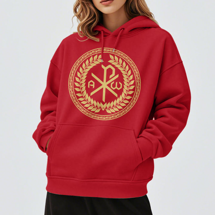 Christianartworkshop Classic Style Sacred Chi-rho Emblem Laurel Wreath Fleece Lined Polyester Hoodie