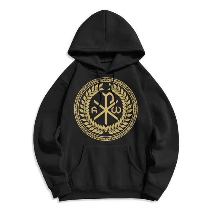 Christianartworkshop Classic Style Sacred Chi-rho Emblem Laurel Wreath Fleece Lined Polyester Hoodie - Black - 2XL - image 0